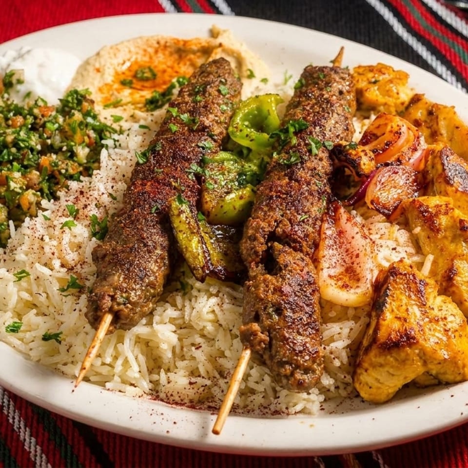 A platter of Middle Eastern food with rice, kebabs, chicken, tabbouleh, hummus, and yogurt sauce.