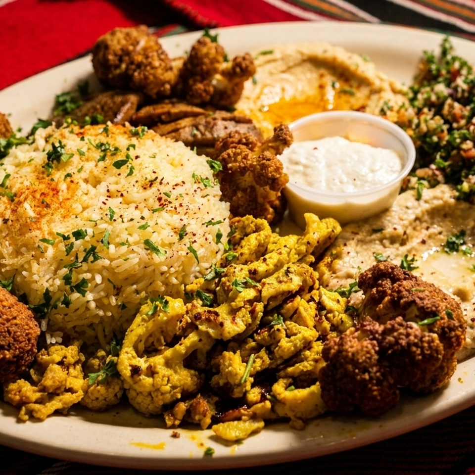 A large platter of Middle Eastern food, including rice, falafel, hummus, and tabbouleh.