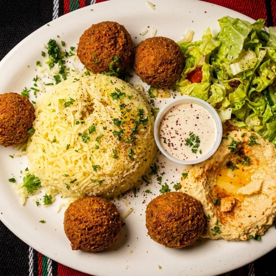 A white plate with falafel, rice, hummus, salad, and tahini sauce on a striped tablecloth.