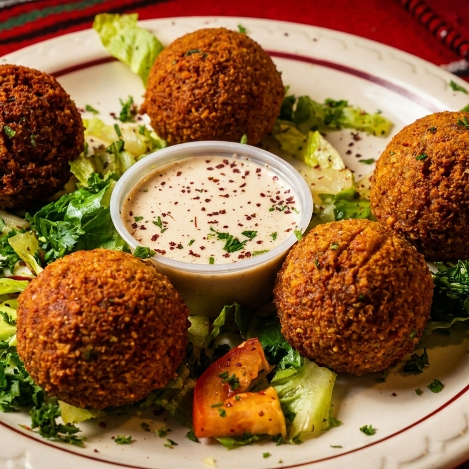Five crispy falafel balls on a bed of lettuce with a side of tahini sauce.