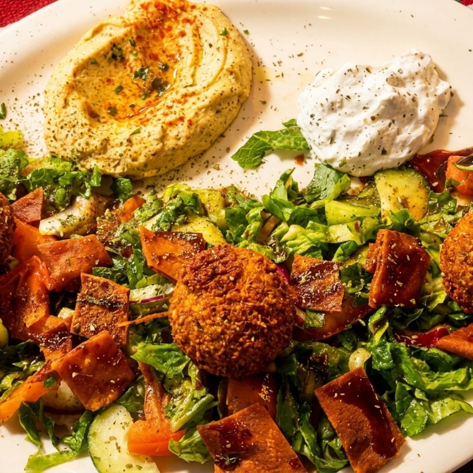 A white plate with falafel, hummus, salad, and pita bread on a colorful striped tablecloth.