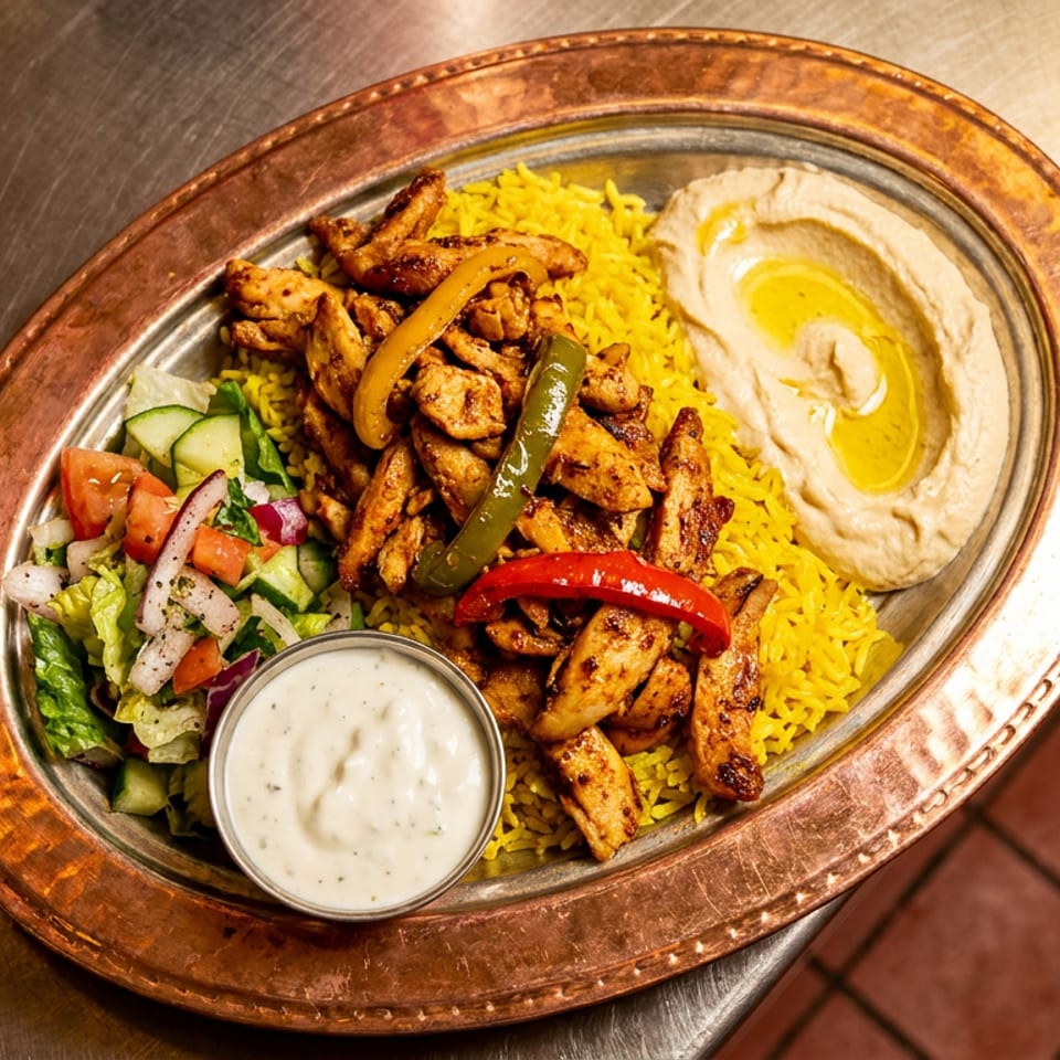 Chicken shawarma platter with yellow rice, hummus, salad, and white sauce on a copper tray.
